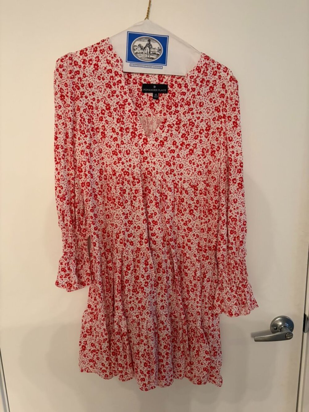 Pomander Place Red Ditsy Floral Kenzo Tiered Mini Dress Long Sleeve Size XS